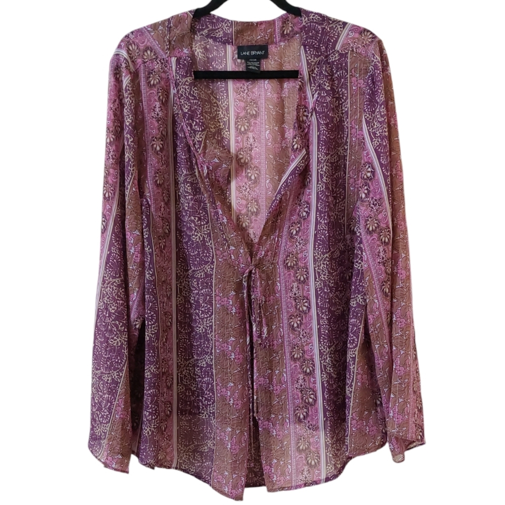 Lane Bryant Purple Metallic Floral Sheer Flowy Long Sleeve Blouse Plus 22/24
